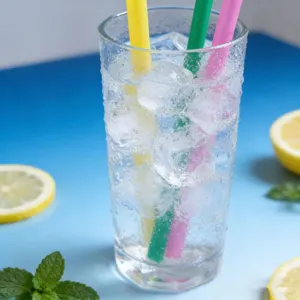 Vista dettagliata di cannucce di plastica colorate in un bicchiere con ghiaccio, ideali per drink.