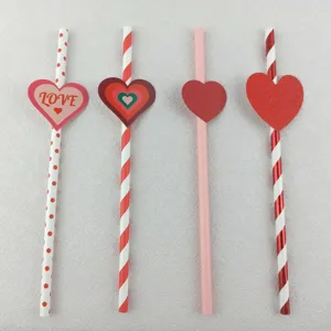 Valentine's Day decorative paper juice drinking straws set, cute heart pattern party supplies.