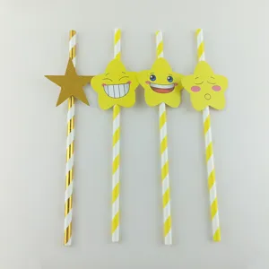 Detailed close-up view of colorful striped paper drinking straws with cute star toppers for parties.