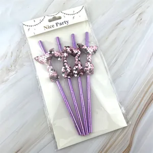 Colorful paper drinking straws featuring shiny sequin mermaid tail design for party decor.