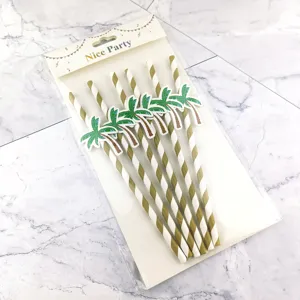 Pajitas de papel desechables con decoración de palmera, perfectas para bebidas de fiestas tropicales.