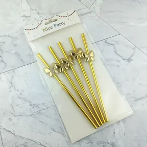 Gold paper straws with cute butterfly charms for party decoration, 5 pieces in clear pack.