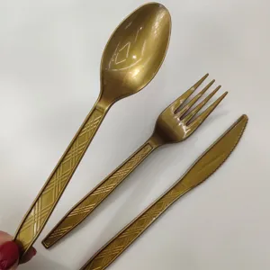 Disposable gold plastic cutlery set fork knife spoon for birthday party events tableware 25pcs