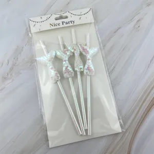 Close-up of disposable paper drinking straws with sparkling sequin mermaid tail decoration.