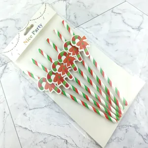 Christmas paper straws set with candy cane and bow decorations, perfect for holiday party drinks.