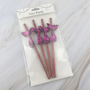 Pink sequin mermaid tail paper straws set for birthday party and celebration decor supplies.
