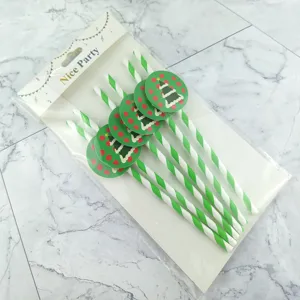Christmas paper straws set with green white stripes and cute tree toppers for holiday party decor