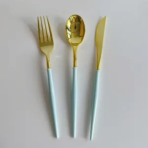 Set de couverts jetables en plastique dore avec poignee bleue pour decoration de fete