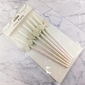 Disposable party paper straws with angel wings decoration for birthday wedding celebrations
