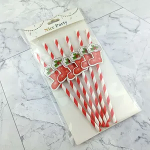 Christmas paper straws set with cute stocking pendants, festive holiday party drinkware decor.