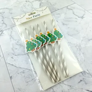 Christmas paper straws with cute tree decor, striped design, perfect for holiday party drinks.