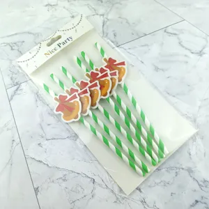 Christmas paper straws with decorative bells, eco-friendly striped drinking straws for party.
