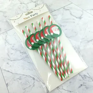 Christmas paper straws with Santa decor, red white striped drink straws for holiday parties.