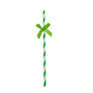 Disposable green striped paper drinking straw with cute ribbon bow for party and cake deco