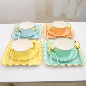 Disposable Multicolored Gold-Rimmed Paper Tableware Set for Afternoon Tea and Birthday Parties