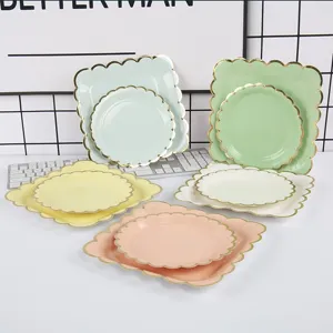 Disposable thick scalloped paper plates set gold foil pastel dessert party tableware