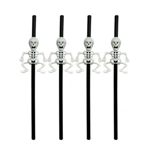 Halloween party decorative plastic straws with spooky skeleton ghosts, black and white 4-pack.