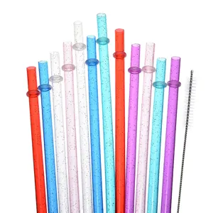 Pajitas rígidas de plástico con purpurina reutilizables con anillo y cepillo de limpieza.