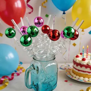 Detailed view of colorful disco ball drinking straws with creative spiral design, perfect for party.