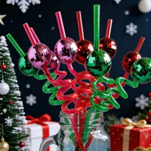 Colorful disco ball drinking straws with spiral design, perfect for holiday party drinks.