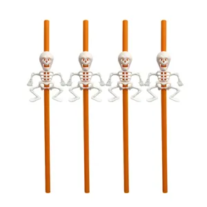 Close up detail of Halloween skeleton drinking straws, plastic spooky party decoration 4pcs set.