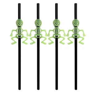 Halloween party decorative plastic straws with glowing green skeleton design 4 pcs pack