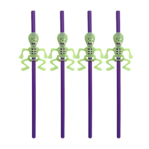 Halloween plastic drinking straws with glowing green skeleton decoration, 4 pack party decor