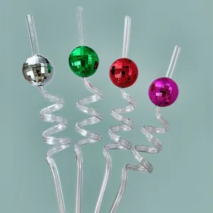 Colorful spiral plastic drinking straws with mirror disco ball decoration for party drinks