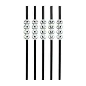 Cannucce da bere nere di Halloween con decorazioni di perle di teschio bianco, set da 5 in plastica.
