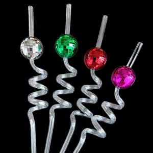 Detailed close-up view of colorful plastic disco ball drinking straws with shiny mirror surfaces.