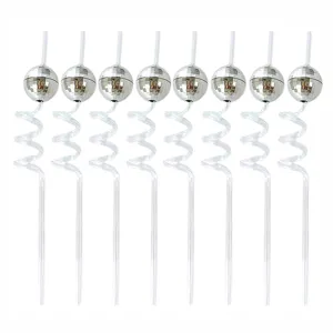 Set of 8 disco ball decorative plastic straws with clear spiral design for party drinks.