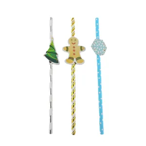 Christmas decorative paper straws set with cute tree gingerbread man design for party drinks 4pcs