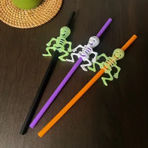 Halloween party decorative plastic drinking straws with cute glowing skeleton figures set.