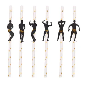 Novelty muscular man paper straws with gold stars for bachelorette party and birthday decor.