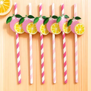 Disposable Paper Drinking Straws Fruit Lemon Theme Striped Juice Beverage Straws For Party And Daily Use