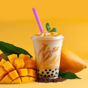 Detailed view of creative fluorescent purple thick straw in mango boba milk tea cup set.