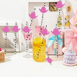 Pailles en papier chapeau de cowboy rose, pailles decoratives pour fete jus de fruit.