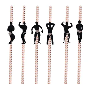 Muscular man silhouette paper straws detail, perfect for bachelorette and birthday party decor.