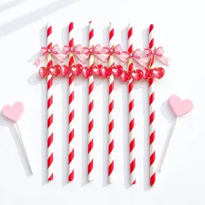 Cute pink bow cherry paper straws for party, biodegradable disposable drinking straws.