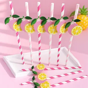 Pink striped paper straws featuring 3D lemon decorations, ideal for party drinks.