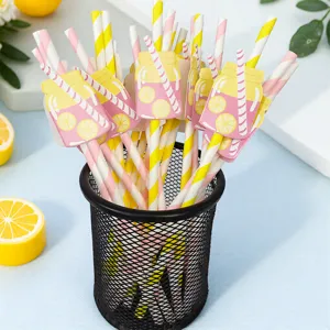 Gros de pailles en papier jetables rayées bouteille de boisson citron pour fête d'été.