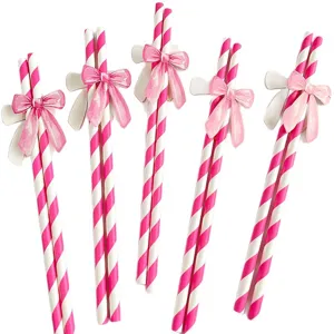 Pajas de papel a rayas con lazo rosa pajitas biodegradables ecológicas para fiestas