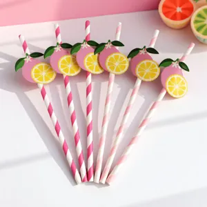 Pink lemon paper straws, fruit patterned drinking straws for party, cute juice beverage decor.