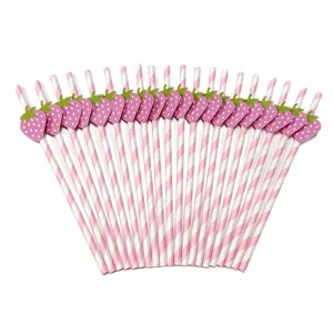 Pink striped paper drinking straws with cute strawberry cards for party decorations, 20pcs