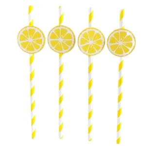Yellow striped paper straws with cute lemon slice decorations, perfect for summer parties and drinks.