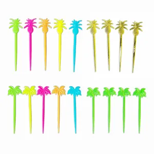 Colorful plastic fruit forks featuring cute pineapple and palm tree designs for party cakes.