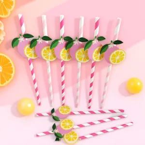 Pink white striped paper drinking straws with lemon slice decor for party juice drinks 6x197mm
