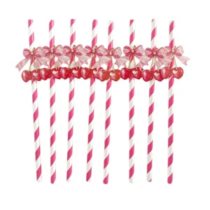 Pink bow cherry paper straws for party cute disposable drinking straws aesthetic event supplies