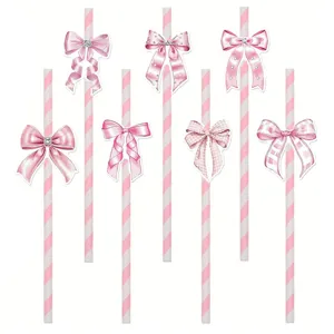 Pajitas de papel desechables ecológicas con lazo rosa, bonito diseño a rayas para fiestas.
