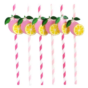 Pink and white striped paper straws with lemon fruit cutouts, main view of 6pcs set for juice.
